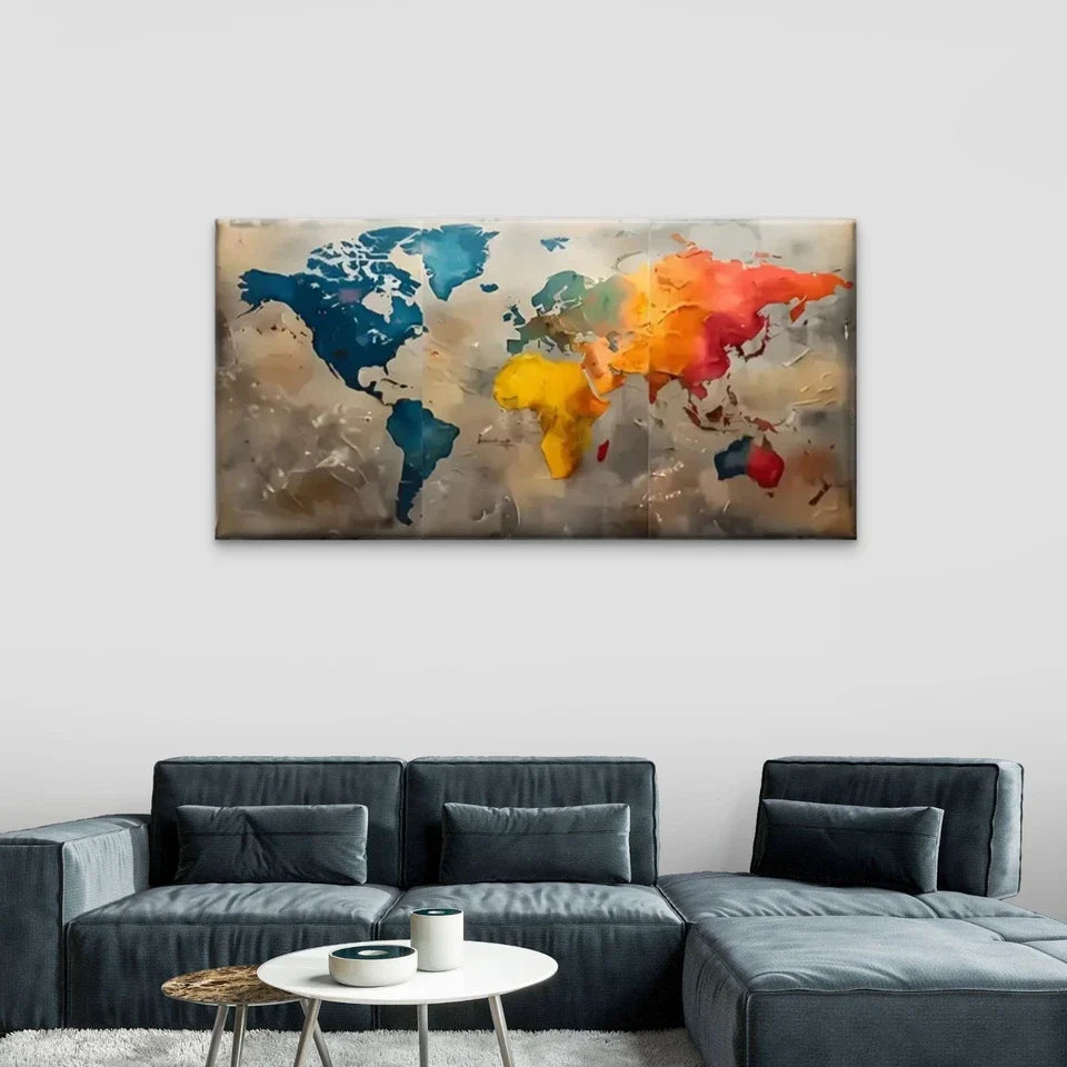 Vibrant World Map Modern Wall Art Canvas Office Home Room Framed 120x60cm