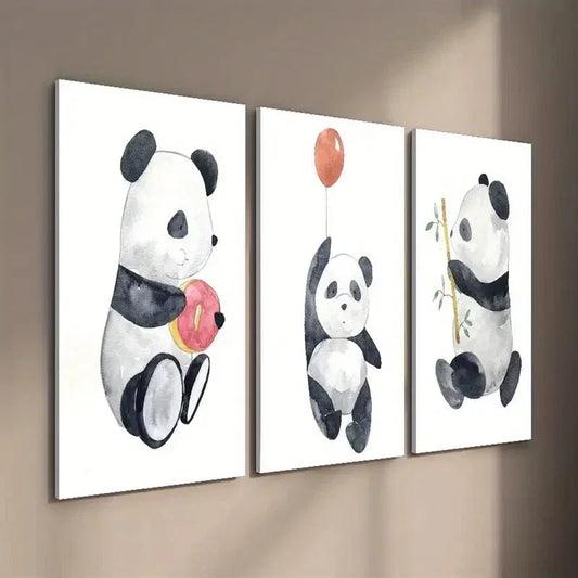 3pcs Adorable Panda with Donut Balloon & Bamboo Wall Art Set Canvas Framed 40x60cm - High Quality Print 100% Australian Made Wall Canvas Ready to Hang
