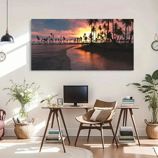 Palm Trees Sunset Seaside Wall Art Canvas Office Home Room Framed 80x45cm