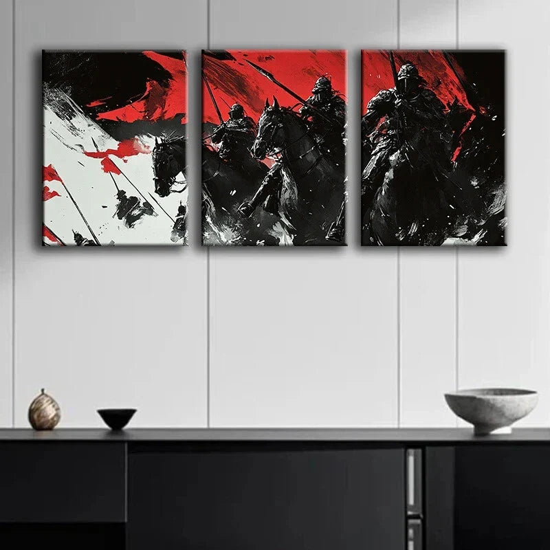 3pcs Warrior Black Horses Red & Black Themed Metal Print Ready to Hang Art