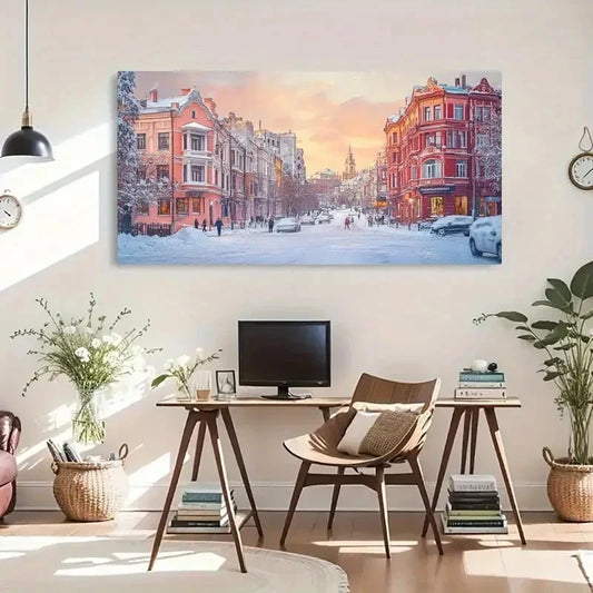 Depicting A Snowy City Street Wall Art Canvas Office Home Room Framed 120x60cm