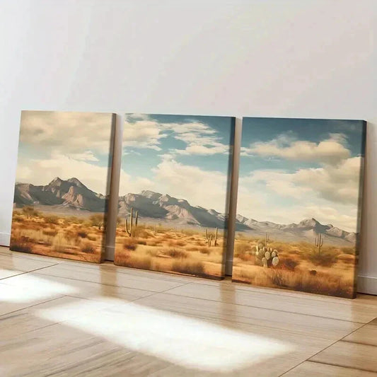 3pcs Vibrant Mountain Range & Cactus Scene Wall Art Set Canvas Framed 40x60cm - High Quality Print 100% Australian Made Wall Canvas Ready to Hang