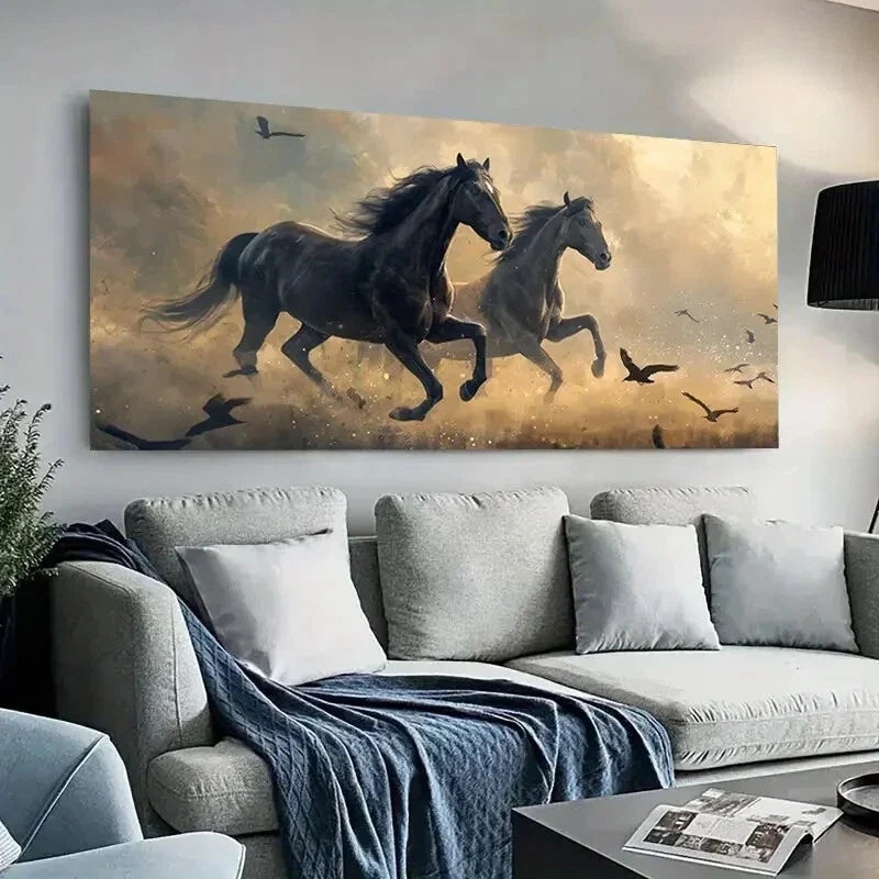 Galloping Horses & Birds Wall Art Canvas Office Home Room Framed 80x45cm