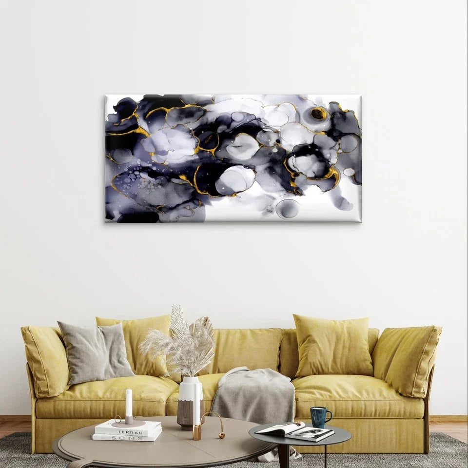 Black, White, and Gold Alcohol Ink Wall Art Canvas Office Home Framed 120x60cm