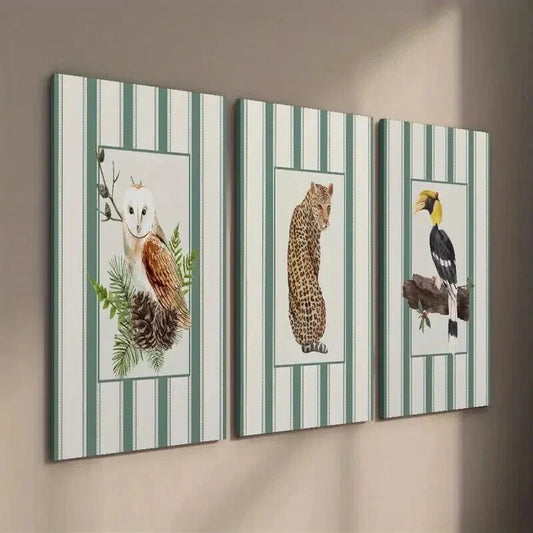 3pcs Whimsical Vintage Crow Owl & Cheetah Wall Art Set Canvas Framed 40x60cm - High Quality Print 100% Australian Made Wall Canvas Ready to Hang