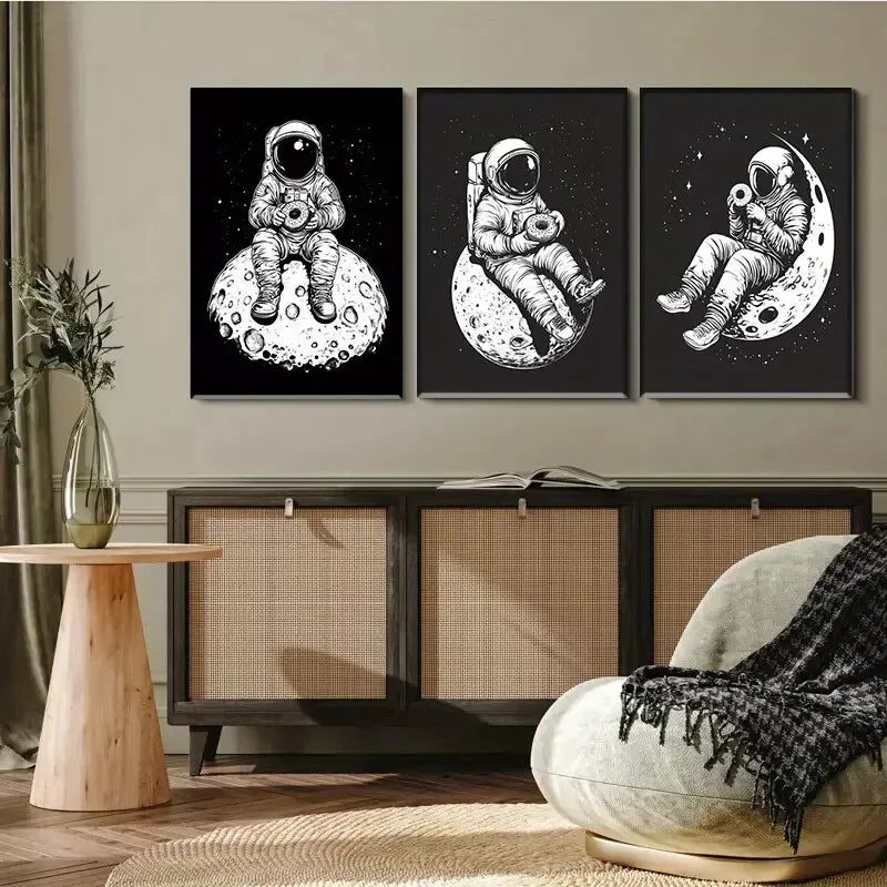 3pcs Astronaut on Moon in black and white Wall Art Set Canvas Framed 40x60cm - High Quality Print 100% Australian Made Wall Canvas Ready to Hang
