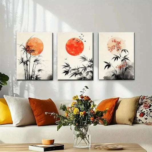 3pcs Bamboo and Red Sun Minimalist Perfect Wall Art Set Canvas Framed 40x60cm - High Quality Print 100% Australian Made Wall Canvas Ready to Hang