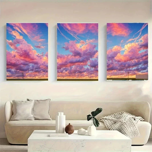3pcs A Colorful Sky Filled with Fluffy Clouds Metal Print Ready to Hang Art