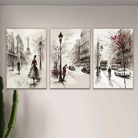 3pcs Street with People Cars and Eiffel Tower Wall Art Set Canvas Framed 40x60cm - High Quality Print 100% Australian Made Wall Canvas Ready to Hang