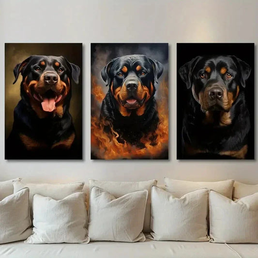 3pcs Rottweiler Dog Black & Brown Metal Print Ready to Hang Art