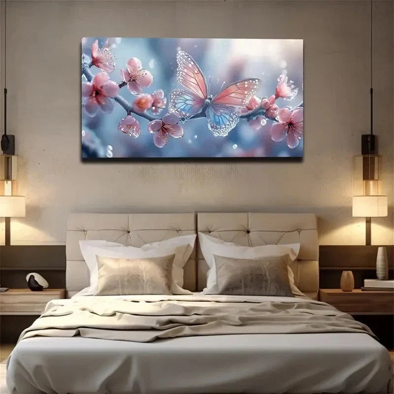 Butterfly & Cherry Blossoms Wall Art canvas office home room framed 120x60cm