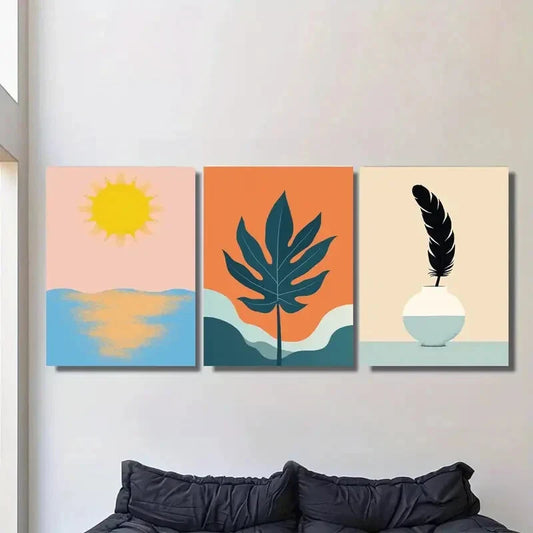 3pcs Vibrant Sun, Leaf Pink, Orange, Blue, Green Metal Print Ready to Hang Art