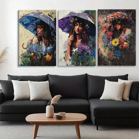 3pcs Women Umbrella & Flower Portraits Perfect Wall Art Set Canvas Framed 40x60cm - High Quality Print 100% Australian Made Wall Canvas Ready to Hang
