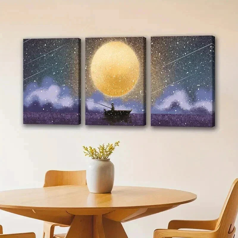 3pcs Tranquil Fishing Scene on a Full Moon Day Wall Art Set Canvas Framed 40x60cm - High Quality Print 100% Australian Made Wall Canvas Ready to Hang