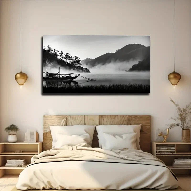 Serene Black & White Misty Wall Art Canvas Office Home Room Framed 120x60cm