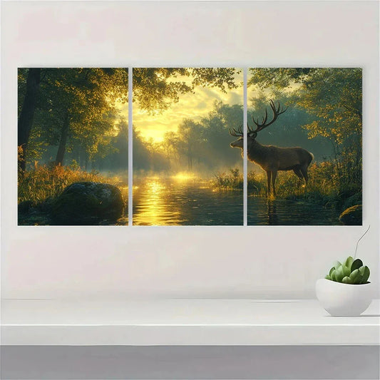3pcs Vintage Green Foggy Forest Deer Metal Print Ready to Hang Art