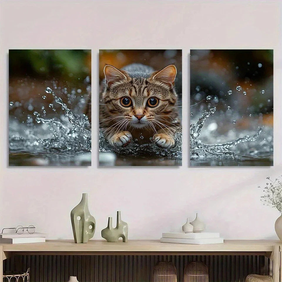 3pcs Vibrant Playful Animal Water Drops Metal Print Ready to Hang Art