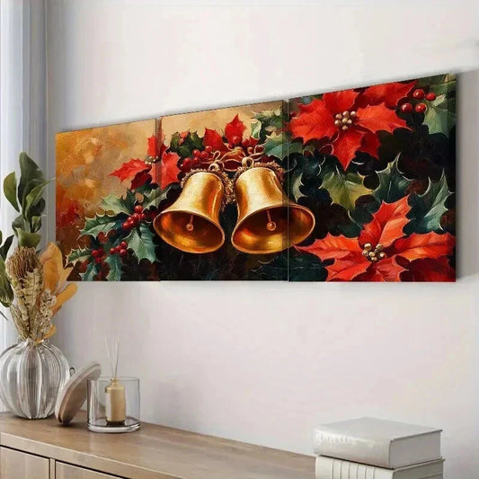 3pcs Golden Bell & Holly Christmas Decorations Wall Art Set Canvas Framed 40x60cm - High Quality Print 100% Australian Made Wall Canvas Ready to Hang