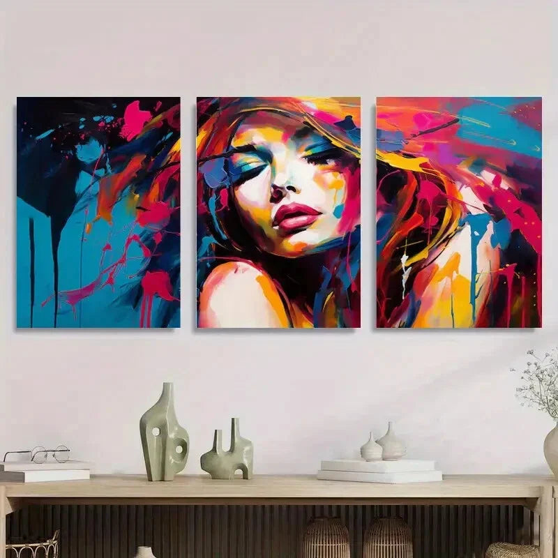3pcs Vibrant Abstract Portrait of a Woman Metal Print Ready to Hang Art