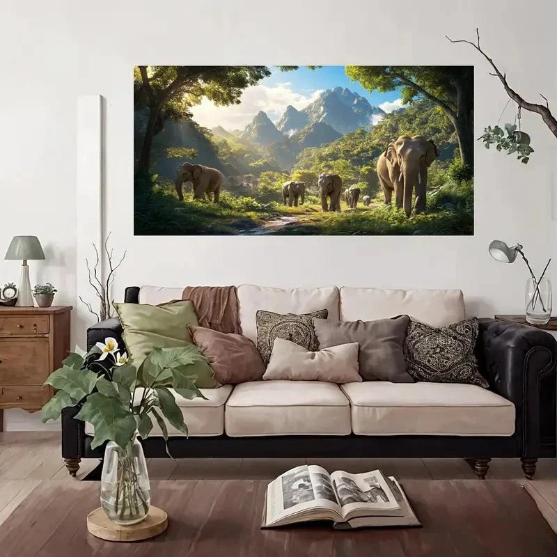 Elephant Family Tropical Wall Art Canvas Office Home Room Framed 80x45cm