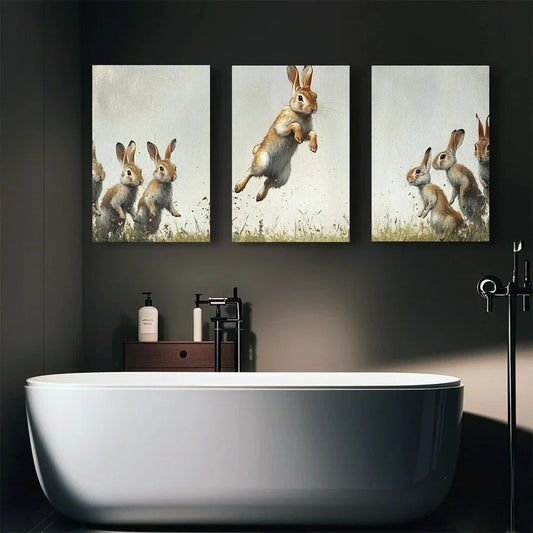 3pcs Abstract Happy Rabbit Dancing Metal Print Ready to Hang Art