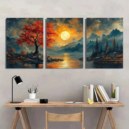 3pcs Moonlit Lake & Autumn Tree Vibrant Metal Print Ready to Hang Art