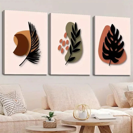 3pcs Decorative Abstract Bohemian Style Leaf Wall Art Set Canvas Framed 40x60cm - High Quality Print 100% Australian Made Wall Canvas Ready to Hang