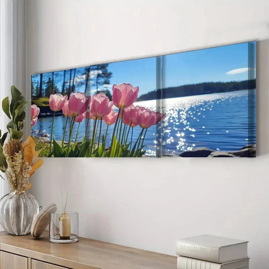 3pcs Chic Pink Tulip Pink Nature Blue Wall Art Set Canvas Framed 40x60cm - High Quality Print 100% Australian Made Wall Canvas Ready to Hang