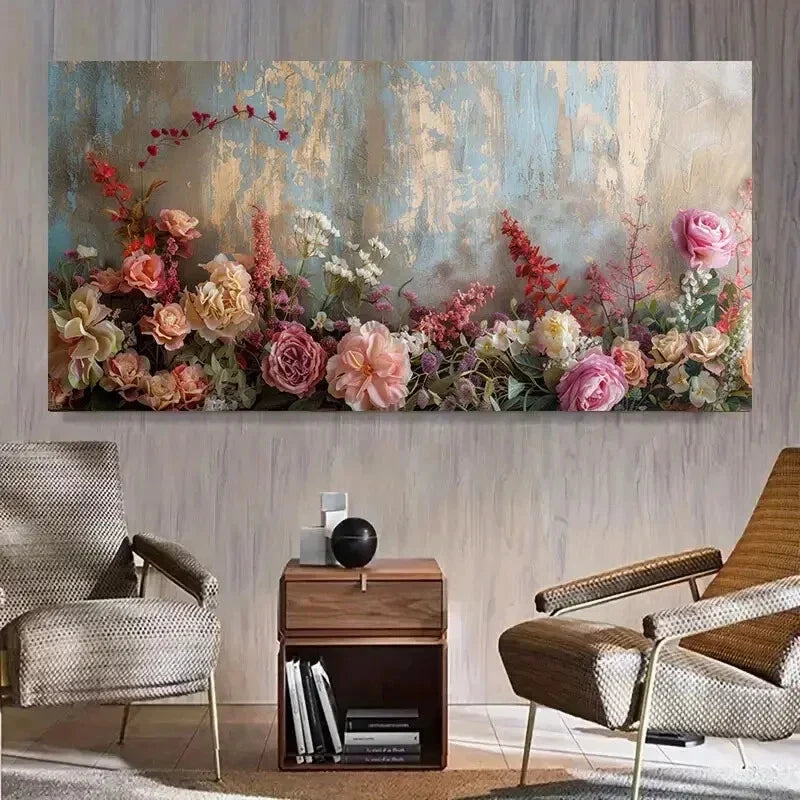 Floral Arrangement Golden Wind Wall Art Canvas Office Home Room Framed 80x45cm