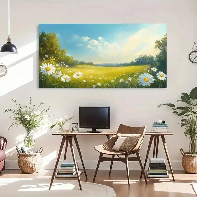 Daisy Field Landscape Decor Wall Art Canvas Office Home Room Framed 120x60cm