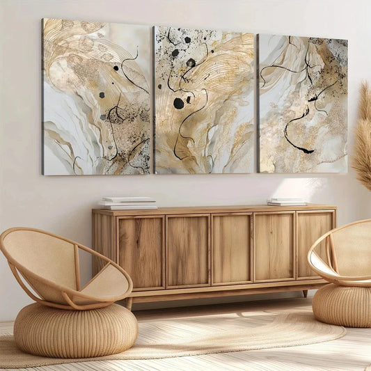 3pcs Golden Marble Abstract Golden Black Lines Wall Art Set Canvas Framed 40x60cm - High Quality Print 100% Australian Made Wall Canvas Ready to Hang
