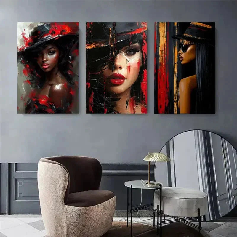 3pcs Red and Black Hat Female Portrait Triptych Metal Print Ready to Hang Art