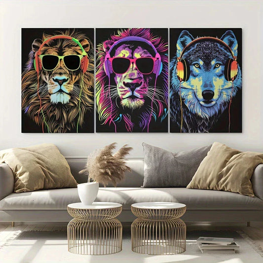 3pcs Fashionable Animal Wearing Sunglass Metal Print Ready to Hang Art