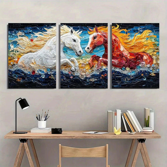 3pcs Animal Artwork Horse Oil Paintings Metal Print Ready to Hang Art