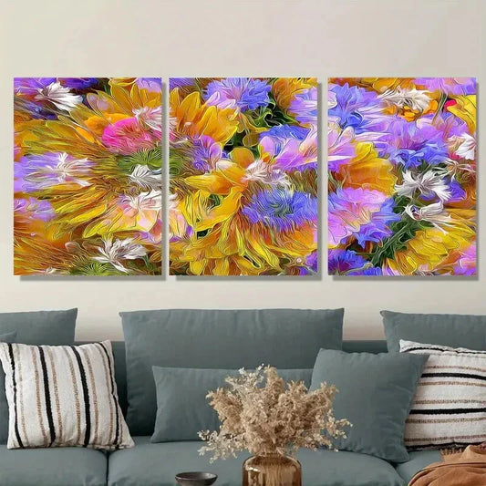 3pcs Vibrant Floral Triptych Modern Abstract Metal Print Ready to Hang Art
