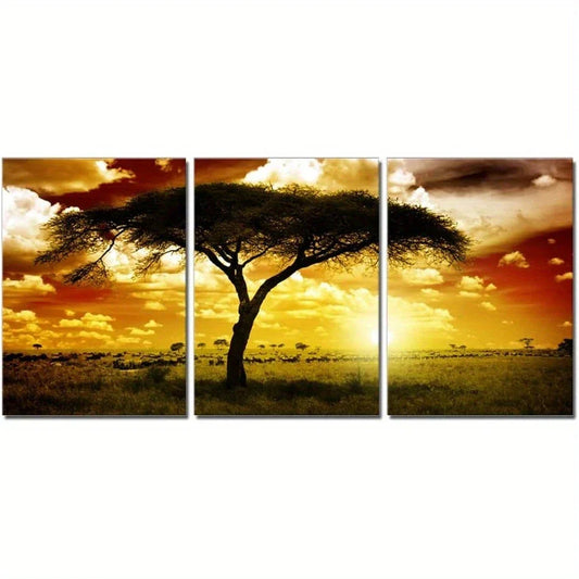 3pcs African Animals Sunset Yellow Metal Print Ready to Hang Art