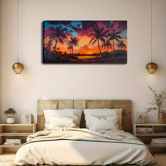Scene With Palm Trees & Ocean Wall Art Canvas Office Home Room Framed 80x45cm