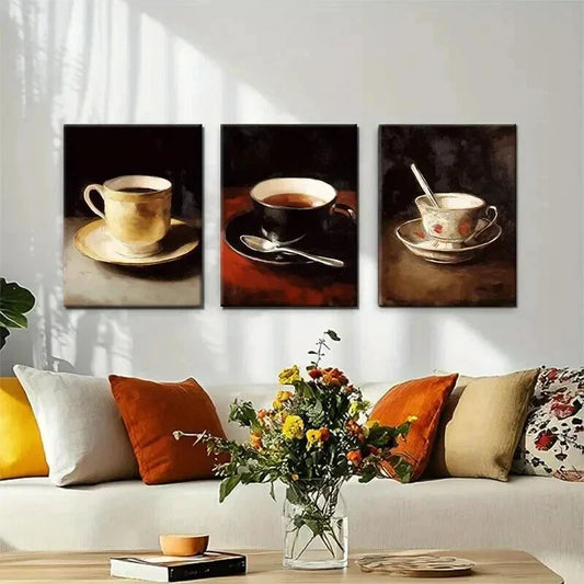 3pcs Elegant Sepia-Toned Coffee Cups Perfect Wall Art Set Canvas Framed 40x60cm - High Quality Print 100% Australian Made Wall Canvas Ready to Hang