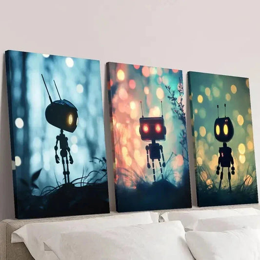 3pcs Fantasy Cute Robots in the Forest Wall Art Set Canvas Framed 40x60cm - High Quality Print 100% Australian Made Wall Canvas Ready to Hang