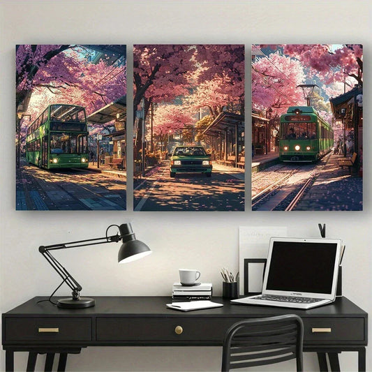 3pcs Abstract City Sakura Street View Metal Print Ready to Hang Art