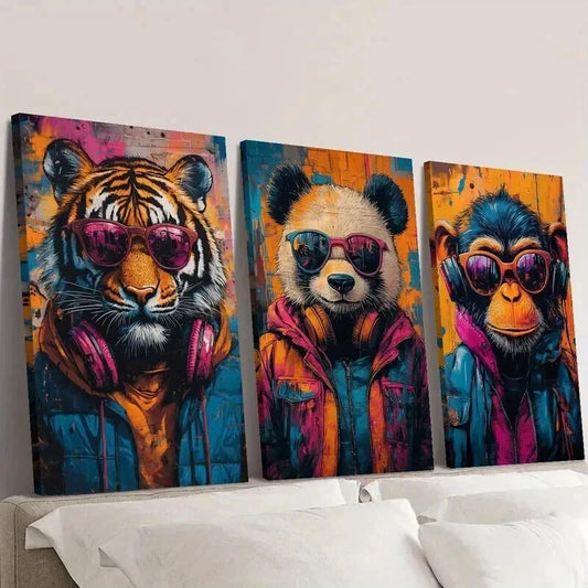 3pcs Tiger Panda and Gorilla Stylish Beasts Wall Art Set Canvas Framed 40x60cm - High Quality Print 100% Australian Made Wall Canvas Ready to Hang