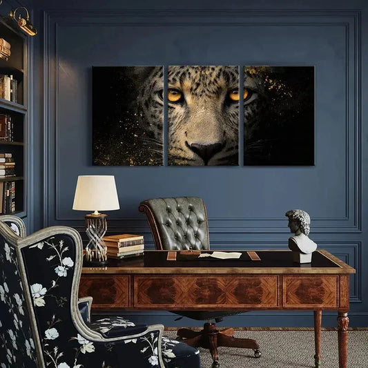 3pcs Leopard Portrait Golden Eyes Abstract Metal Print Ready to Hang Art