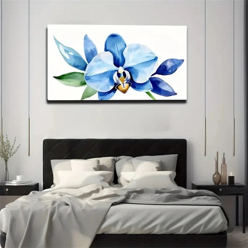 Vibrant Blue & Purple Orchid Wall Art Canvas Office Home Room Framed 80x45cm