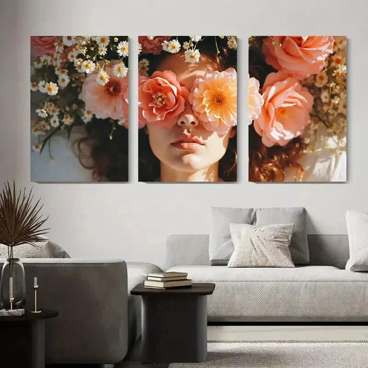 3pcs Blush Pink Daisy Floral Woman Metal Print Ready to Hang Art