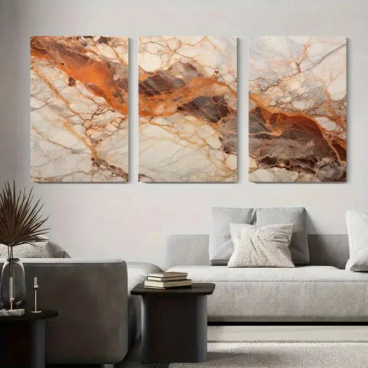 3pcs Elegant Golden and Brown Veins Metal Print Ready to Hang Art