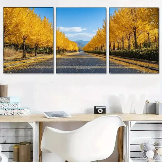 3pcs Golden Autumn Avenue Triptych Wall Art Set Canvas Framed 40x60cm - High Quality Print 100% Australian Made Wall Canvas Ready to Hang