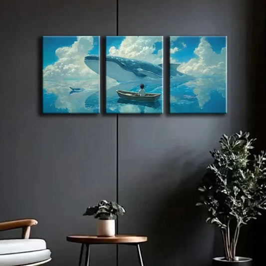 3pcs Whale and Boy Wall Blue Ocean Nature Colorful Wall Art Set Canvas Framed 40x60cm - High Quality Print 100% Australian Made Wall Canvas Ready to Hang