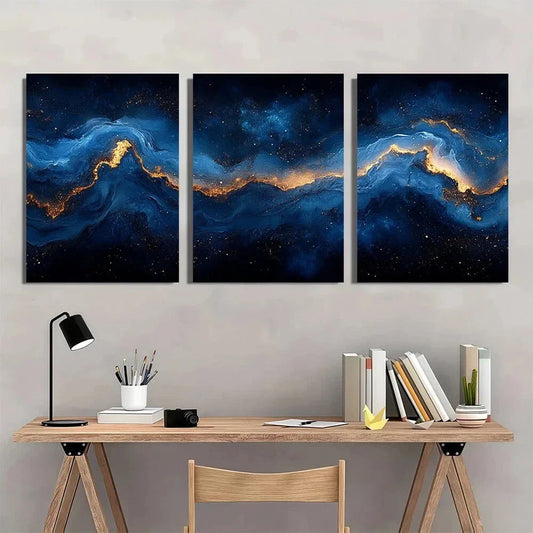 3pcs Blue & Golden Swirling Space Design Metal Print Ready to Hang Art