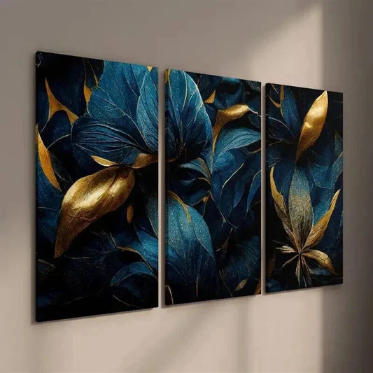 3pcs Abstract Golden And Blue Tropical Leaves Wall Art Set Canvas Framed 40x60cm - High Quality Print 100% Australian Made Wall Canvas Ready to Hang