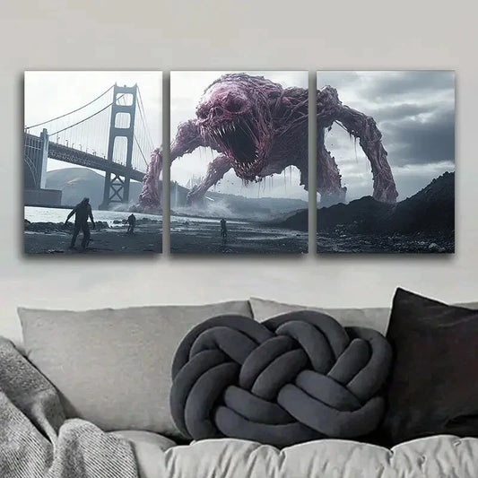 3pcs Alien Creature & Bridge Scene Metal Print Ready to Hang Art